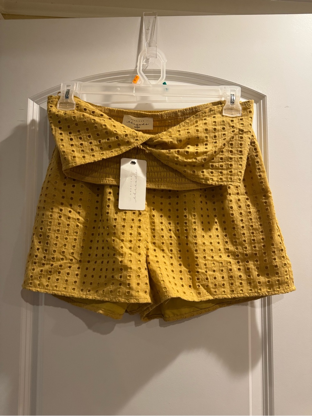 American Threads Mustard Yellow Eyelet High-Waist Tie-Front Shorts & Top